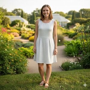 Mary McFadden Collection Sleeveless Stripe Fit Flare Dress White Gray Stretch XL